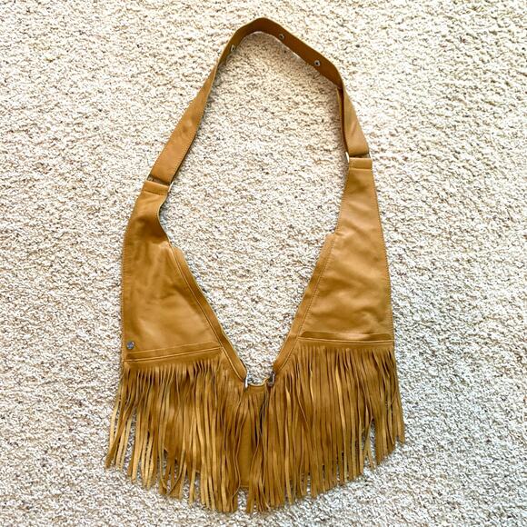 Sash Bag 100% leather full fringe turmeric color pockets decorative lining - Picture 1 of 9